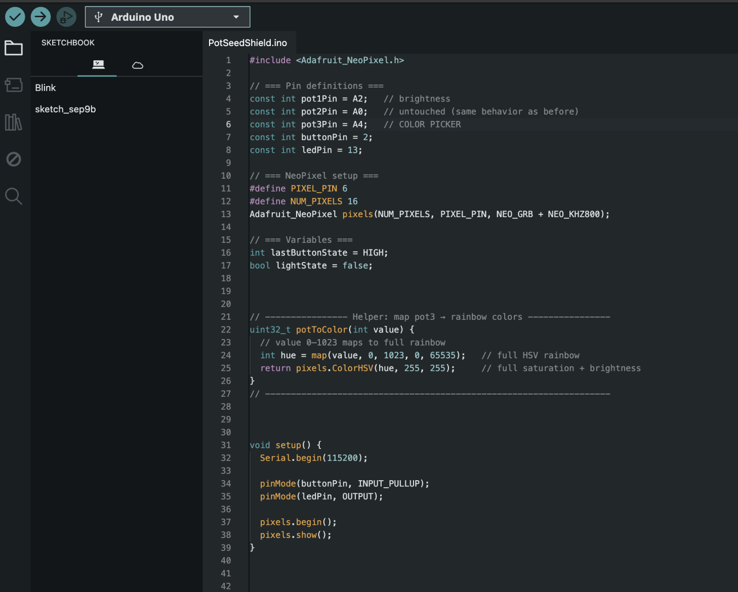 The code associated with the Neopixel function, alongside the knobs and the button. 