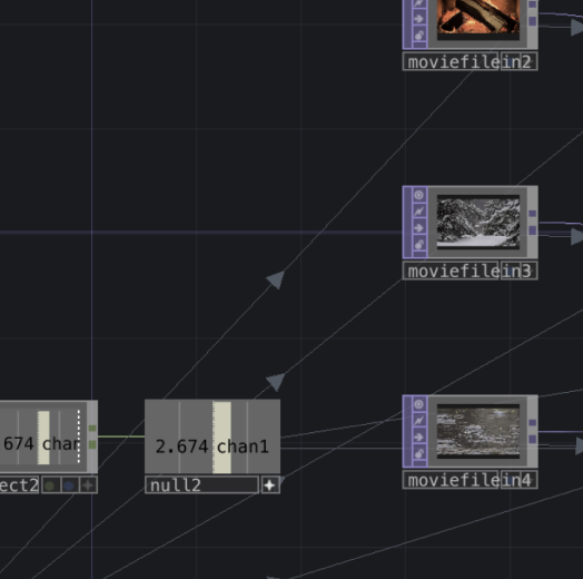 Then came the issue of switching in between movie files with the knob. We did this by creating a string of chops and tops to switch between files. 